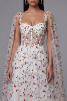Load image into Gallery viewer, Ivory A Line Floral Maxi Corset Formal Dress with Cape