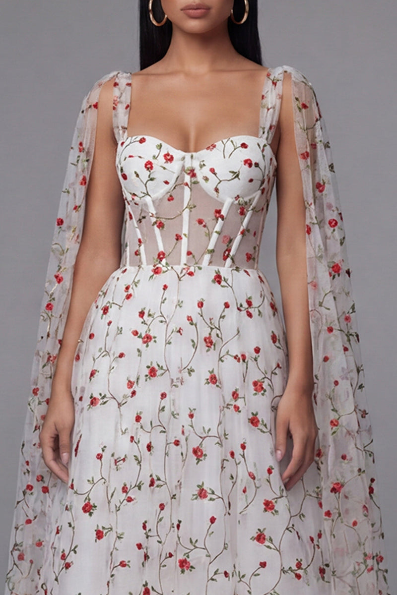 Load image into Gallery viewer, Ivory A Line Floral Maxi Corset Formal Dress with Cape