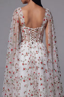 Load image into Gallery viewer, Ivory A Line Floral Maxi Corset Formal Dress with Cape