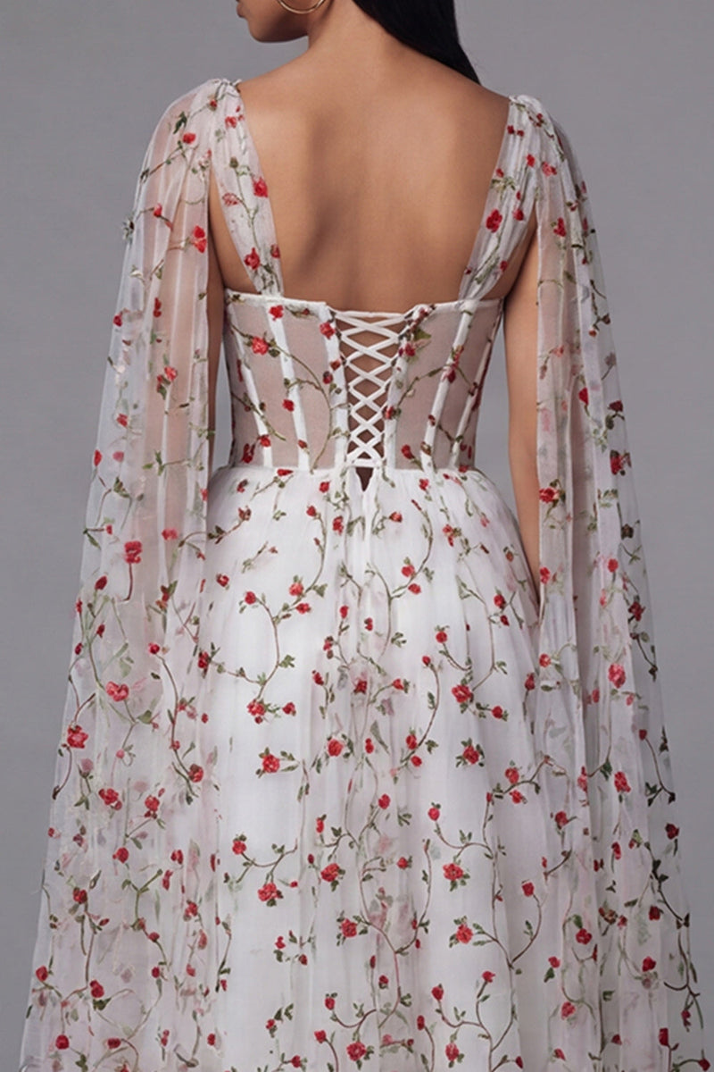 Load image into Gallery viewer, Ivory A Line Floral Maxi Corset Formal Dress with Cape