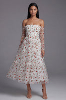 Load image into Gallery viewer, Ivory A Line Floral Off the Shoulder Maxi Formal Dress