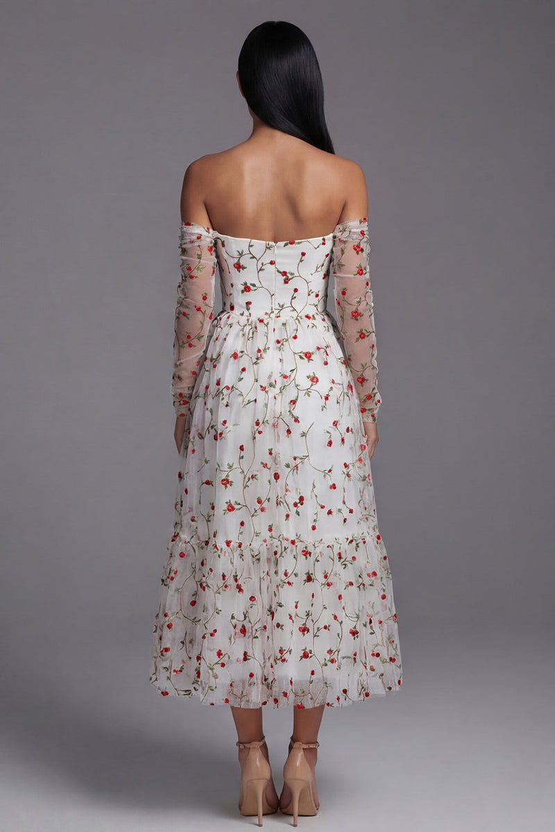 Load image into Gallery viewer, Ivory A Line Floral Off the Shoulder Maxi Formal Dress