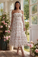 Load image into Gallery viewer, Ivory A Line Floral Off the Shoulder Maxi Formal Dress