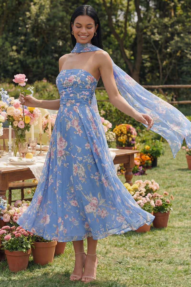 Load image into Gallery viewer, Blue Floral Strapless A Line Neck Scarf Maxi Formal Dress