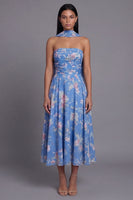 Load image into Gallery viewer, Blue Floral Strapless A Line Neck Scarf Maxi Formal Dress