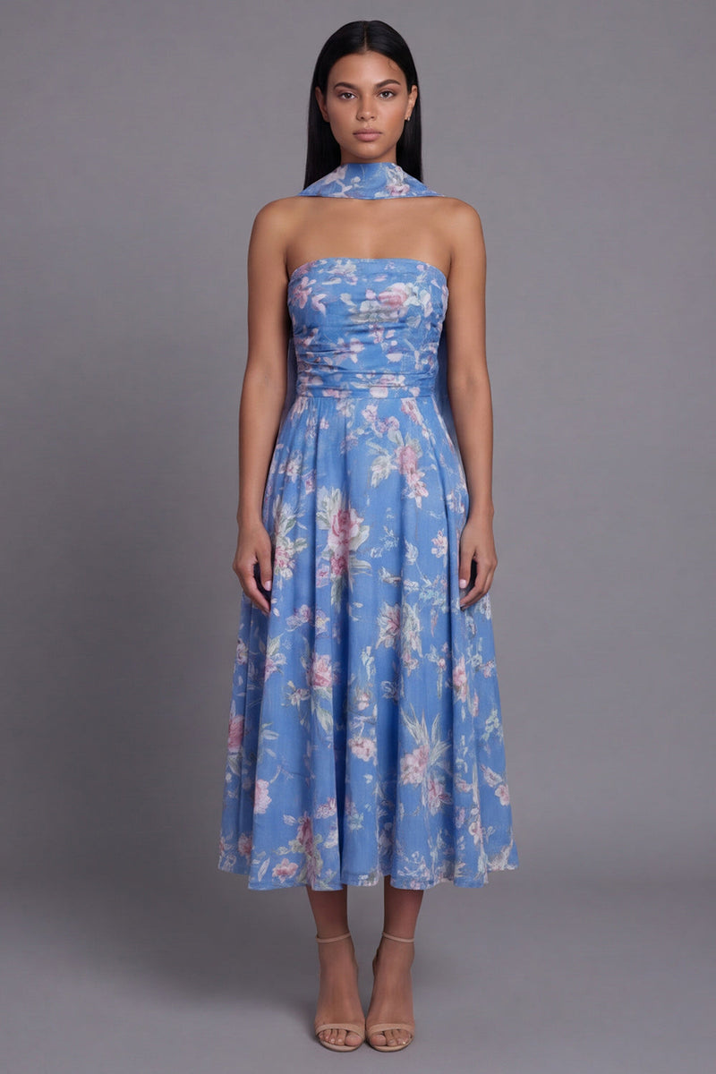 Load image into Gallery viewer, Blue Floral Strapless A Line Neck Scarf Maxi Formal Dress