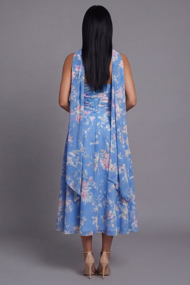 Load image into Gallery viewer, Blue Floral Strapless A Line Neck Scarf Maxi Formal Dress