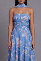 Load image into Gallery viewer, Blue Floral Strapless A Line Neck Scarf Maxi Formal Dress