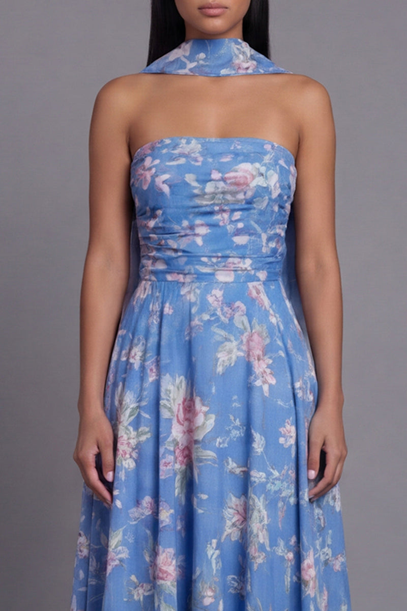 Load image into Gallery viewer, Blue Floral Strapless A Line Neck Scarf Maxi Formal Dress
