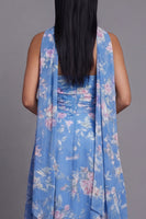 Load image into Gallery viewer, Blue Floral Strapless A Line Neck Scarf Maxi Formal Dress