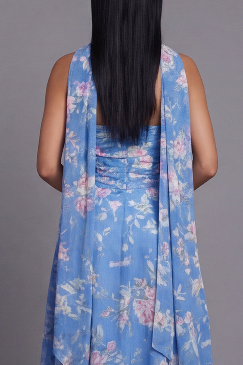 Load image into Gallery viewer, Blue Floral Strapless A Line Neck Scarf Maxi Formal Dress