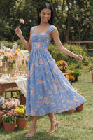 Load image into Gallery viewer, Blue A Line Floral Square Neck Maxi Beach Formal Dress