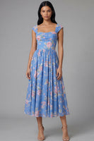 Load image into Gallery viewer, Blue A Line Floral Square Neck Maxi Beach Formal Dress