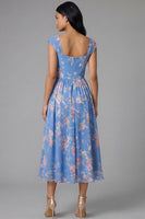 Load image into Gallery viewer, Blue A Line Floral Square Neck Maxi Beach Formal Dress