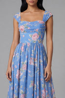 Load image into Gallery viewer, Blue A Line Floral Square Neck Maxi Beach Formal Dress