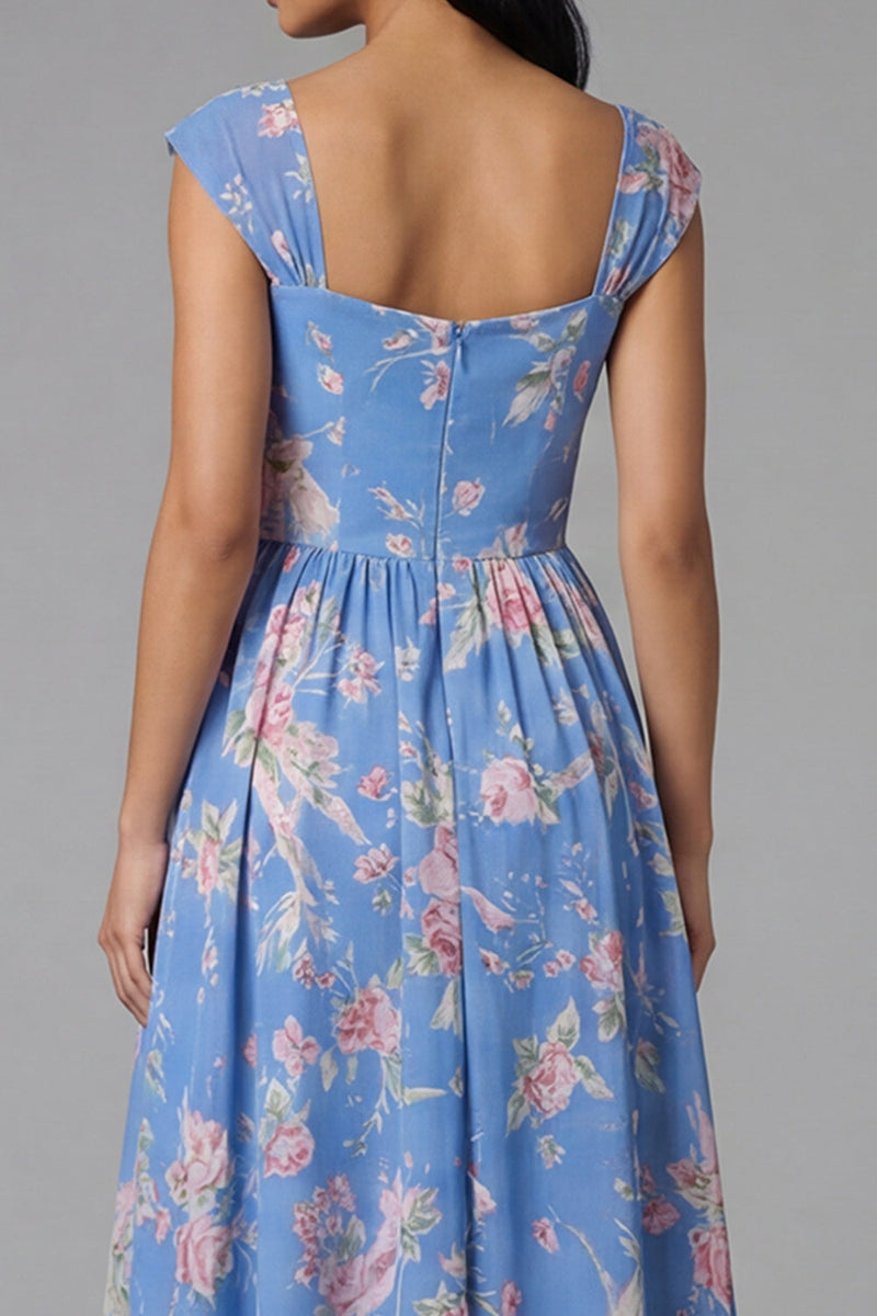 Load image into Gallery viewer, Blue A Line Floral Square Neck Maxi Beach Formal Dress