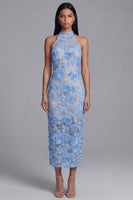 Load image into Gallery viewer, Blue Floral Lace Sheath High Neck Maxi Formal Dress