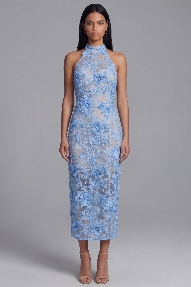Load image into Gallery viewer, Blue Floral Lace Sheath High Neck Maxi Formal Dress