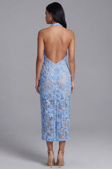 Blue Floral Lace Sheath High Neck Maxi Formal Dress