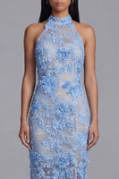 Load image into Gallery viewer, Blue Floral Lace Sheath High Neck Maxi Formal Dress