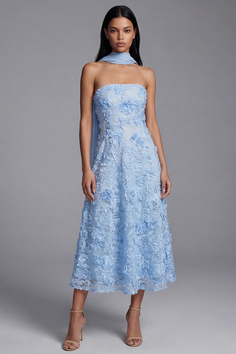 Load image into Gallery viewer, Blue A Line Neck Scarf Floral Strapless Maxi Formal Dress