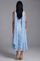 Load image into Gallery viewer, Blue A Line Neck Scarf Floral Strapless Maxi Formal Dress