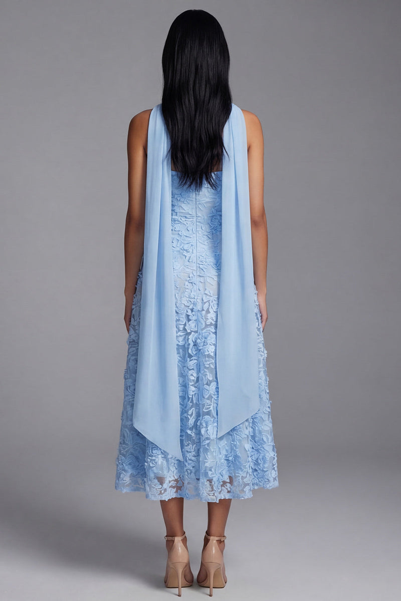 Load image into Gallery viewer, Blue A Line Neck Scarf Floral Strapless Maxi Formal Dress
