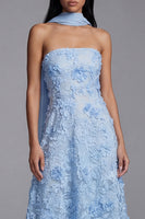 Load image into Gallery viewer, Blue A Line Neck Scarf Floral Strapless Maxi Formal Dress