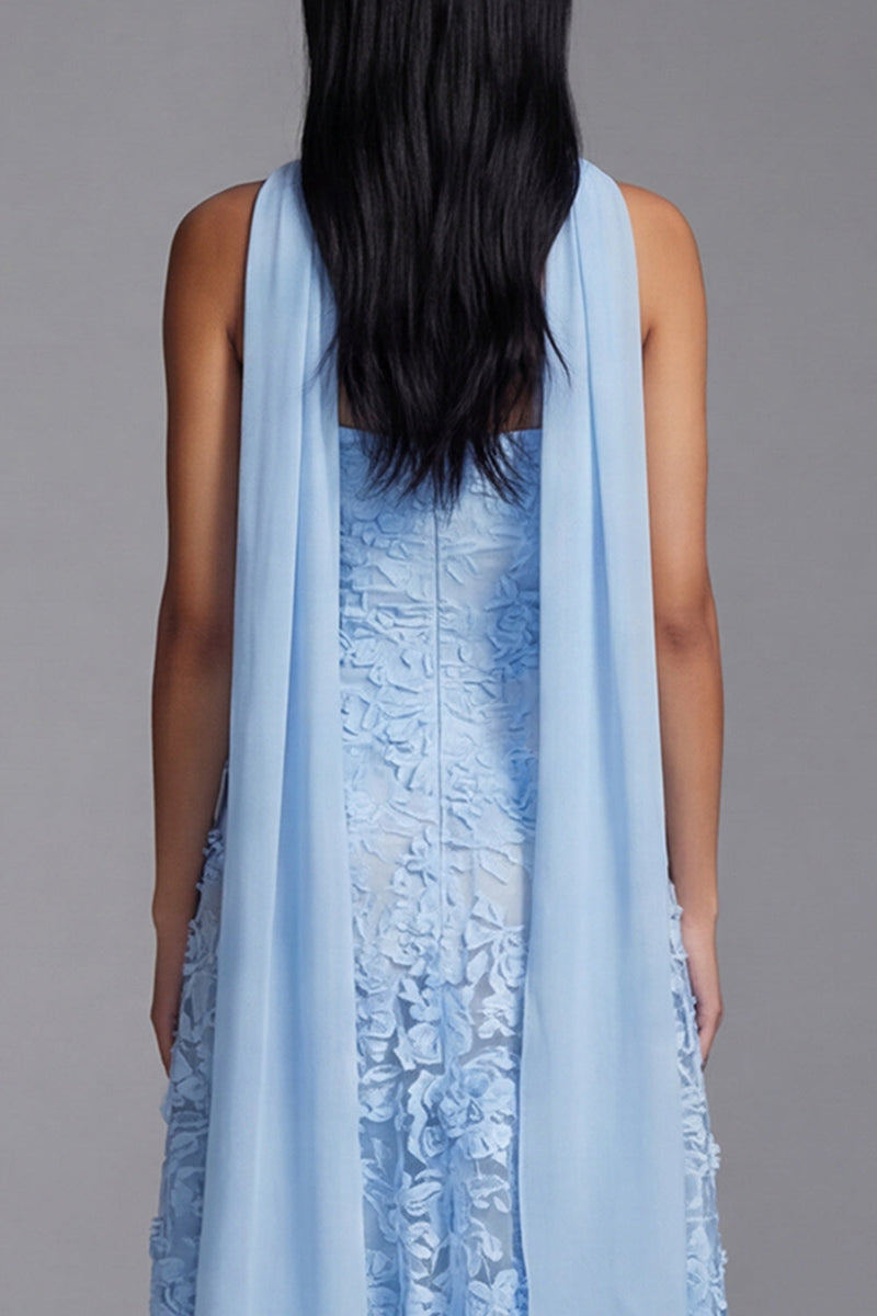 Load image into Gallery viewer, Blue A Line Neck Scarf Floral Strapless Maxi Formal Dress