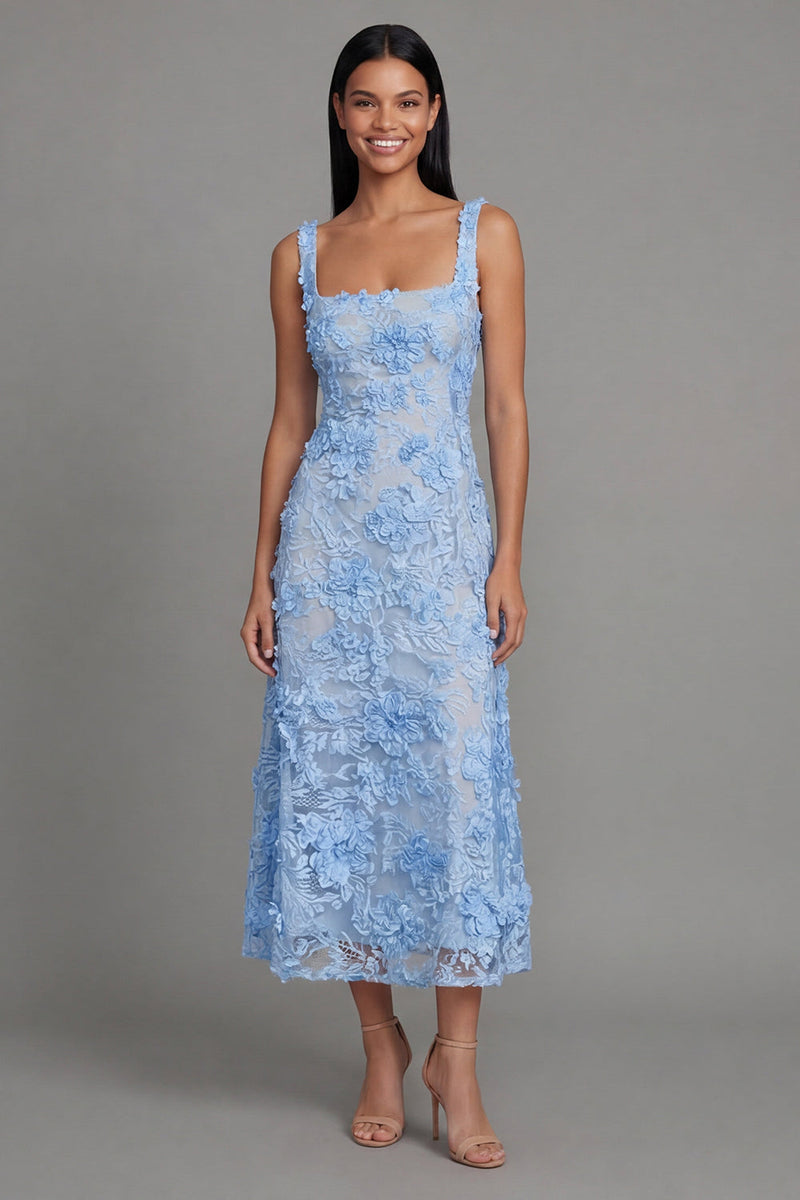 Load image into Gallery viewer, Square Neck Blue A Line Floral Maxi Formal Dress