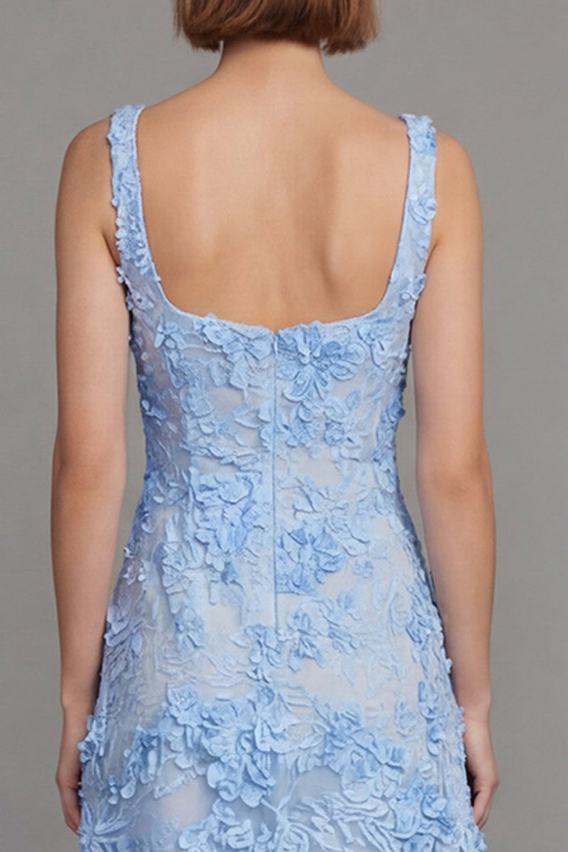 Load image into Gallery viewer, Square Neck Blue A Line Floral Maxi Formal Dress