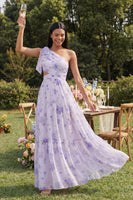 Load image into Gallery viewer, Floral Lilac Maxi Ruched A Line Formal Dress with Slit