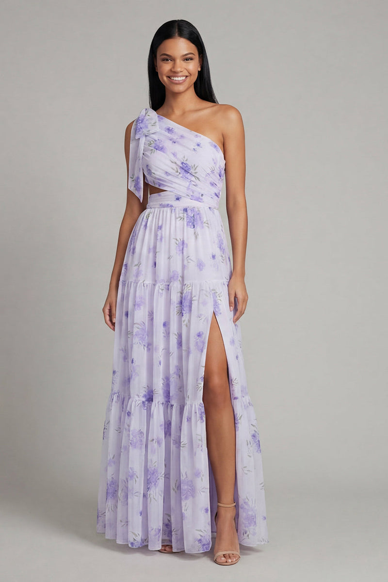 Load image into Gallery viewer, Floral Lilac Maxi Ruched A Line Formal Dress with Slit
