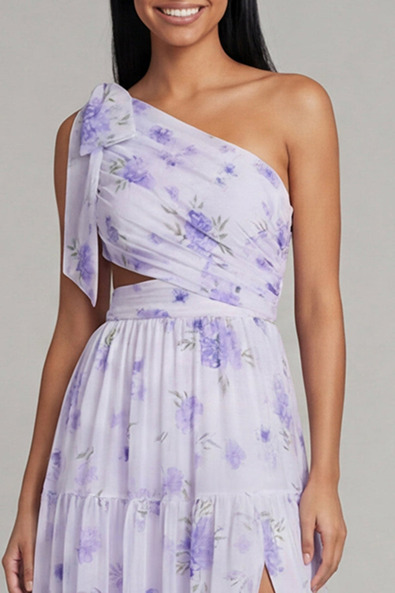 Load image into Gallery viewer, Floral Lilac Maxi Ruched A Line Formal Dress with Slit
