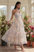 Load image into Gallery viewer, Champagne Floral Ruched A Line Maxi Formal Dress with Ruffles