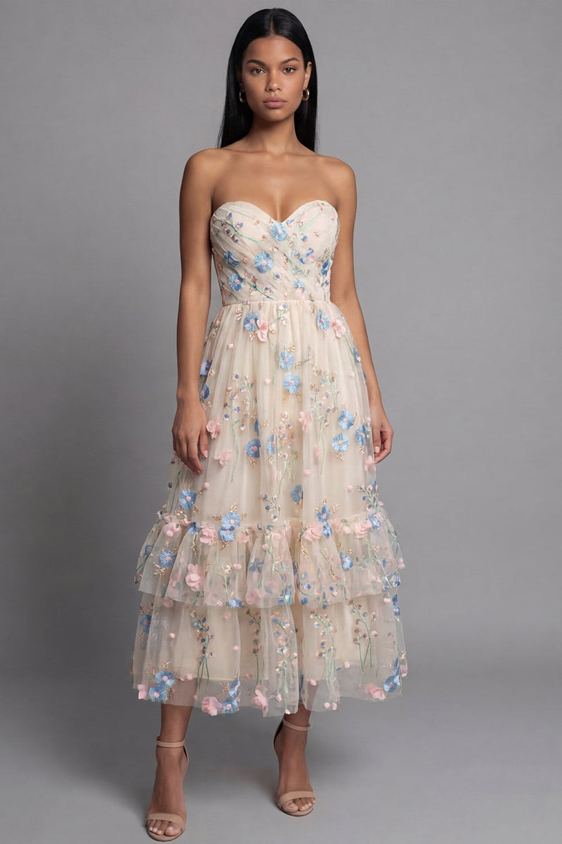 Load image into Gallery viewer, Champagne Floral Ruched A Line Maxi Formal Dress with Ruffles