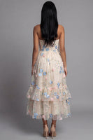 Load image into Gallery viewer, Champagne Floral Ruched A Line Maxi Formal Dress with Ruffles