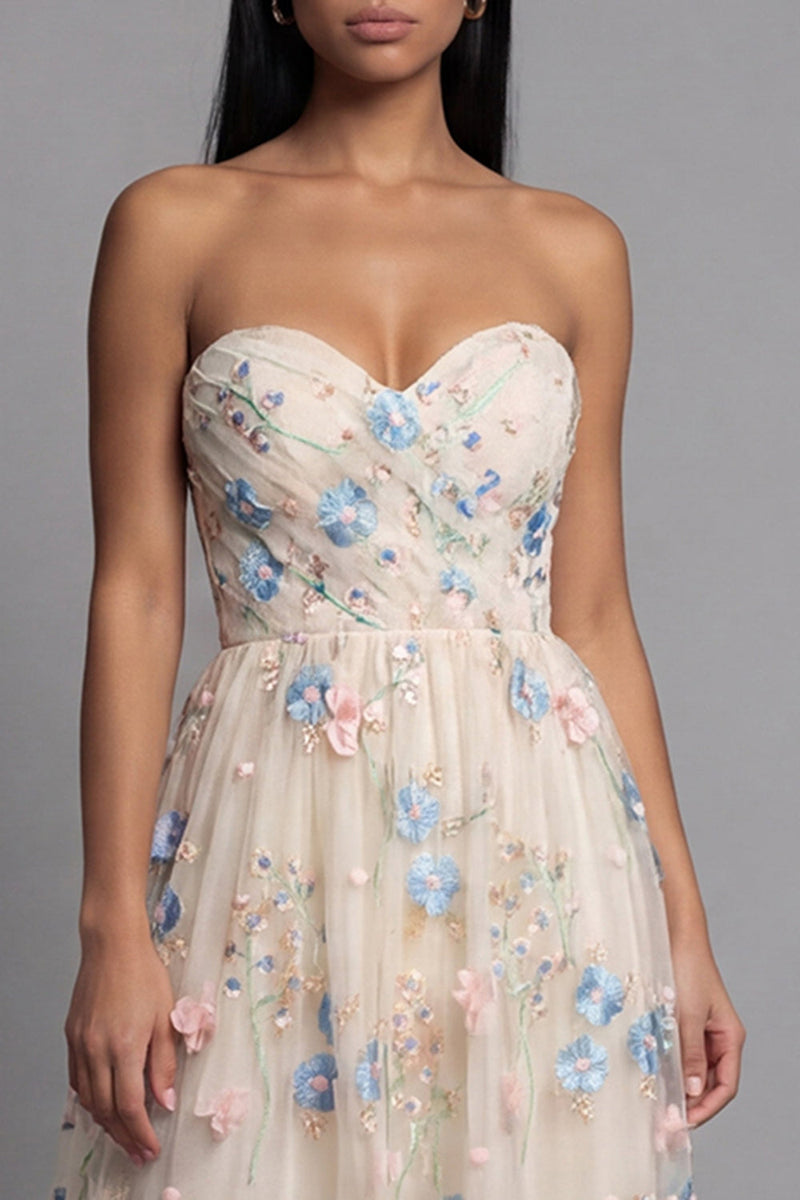 Load image into Gallery viewer, Champagne Floral Ruched A Line Maxi Formal Dress with Ruffles