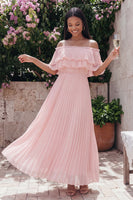 Load image into Gallery viewer, Pink Maxi Ruffled A Line Formal Dress with Pleats