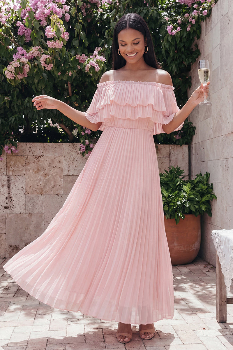 Load image into Gallery viewer, Pink Maxi Ruffled A Line Formal Dress with Pleats