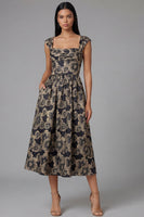 Load image into Gallery viewer, Gold Square Neck Floral Maxi A Line Formal Dress