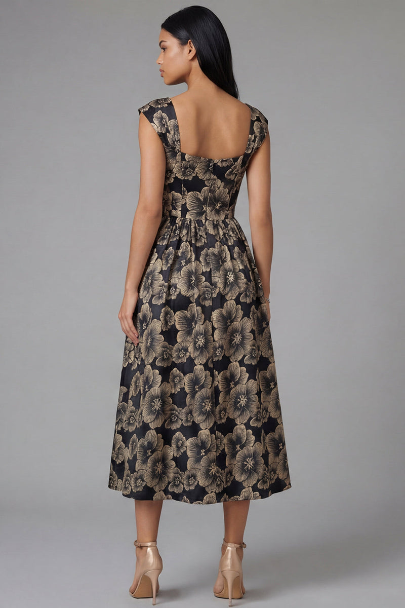 Load image into Gallery viewer, Gold Square Neck Floral Maxi A Line Formal Dress