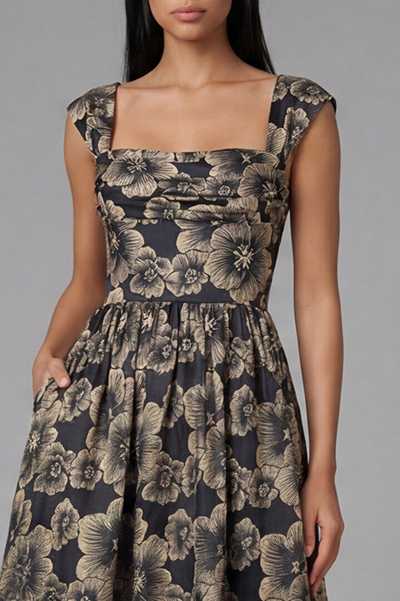 Load image into Gallery viewer, Gold Square Neck Floral Maxi A Line Formal Dress