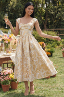 Load image into Gallery viewer, Gold Square Neck Floral Maxi A Line Formal Dress