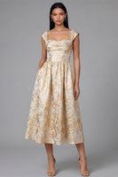 Load image into Gallery viewer, Gold Square Neck Floral Maxi A Line Formal Dress