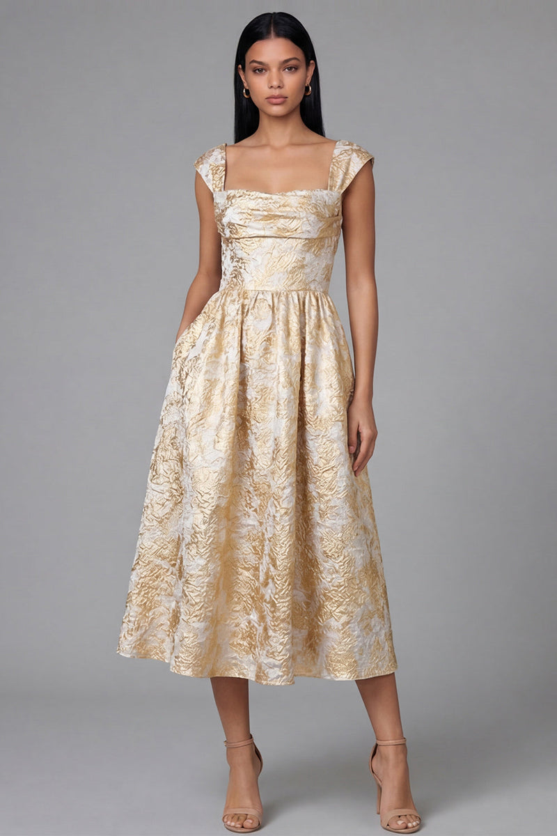 Load image into Gallery viewer, Gold Square Neck Floral Maxi A Line Formal Dress