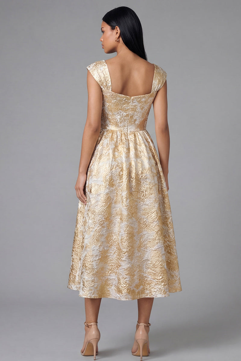 Load image into Gallery viewer, Gold Square Neck Floral Maxi A Line Formal Dress