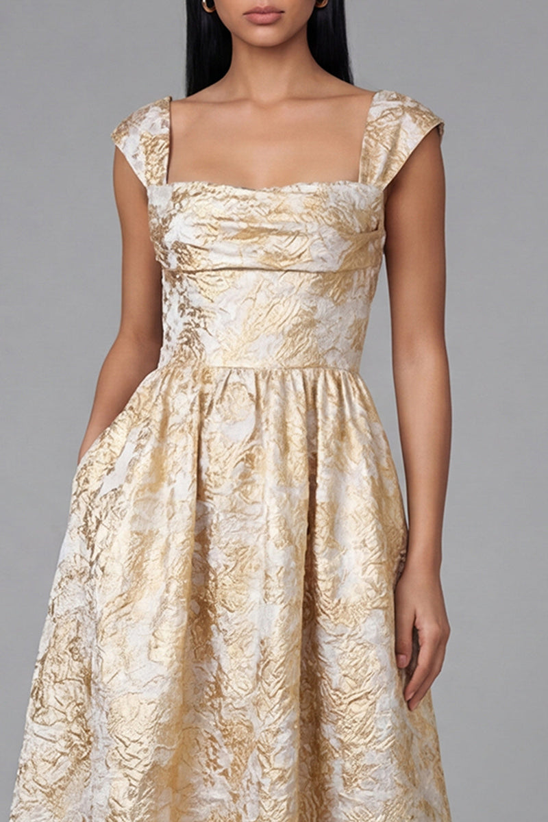 Load image into Gallery viewer, Gold Square Neck Floral Maxi A Line Formal Dress