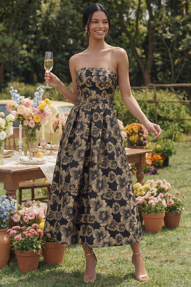 Load image into Gallery viewer, Gold Strapless Maxi A Line Floral Formal Dress