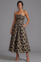Load image into Gallery viewer, Gold Strapless Maxi A Line Floral Formal Dress